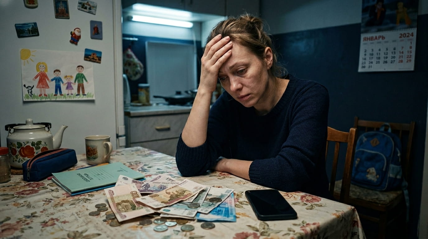 Родитель за кухонным столом в растерянности разбирается с карманными деньгами и комиссиями за переводы, на заднем плане — детские вещи.